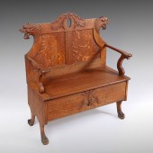 CARVED TIGER OAK BENCH WITH ST