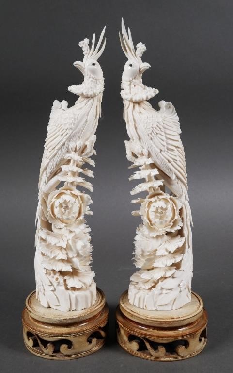 CARVED VINTAGE IVORY PEACOCK AND