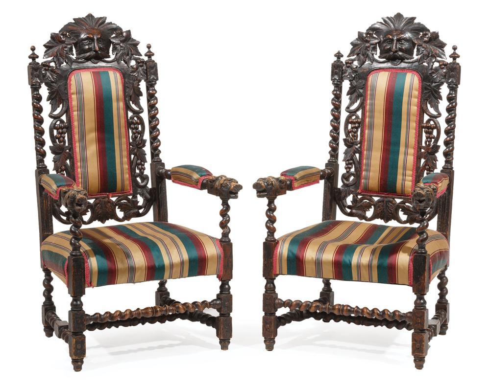 CARVED WALNUT ARMCHAIRSPair of