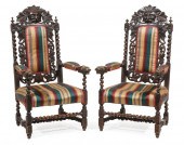 CARVED WALNUT ARMCHAIRSPair of