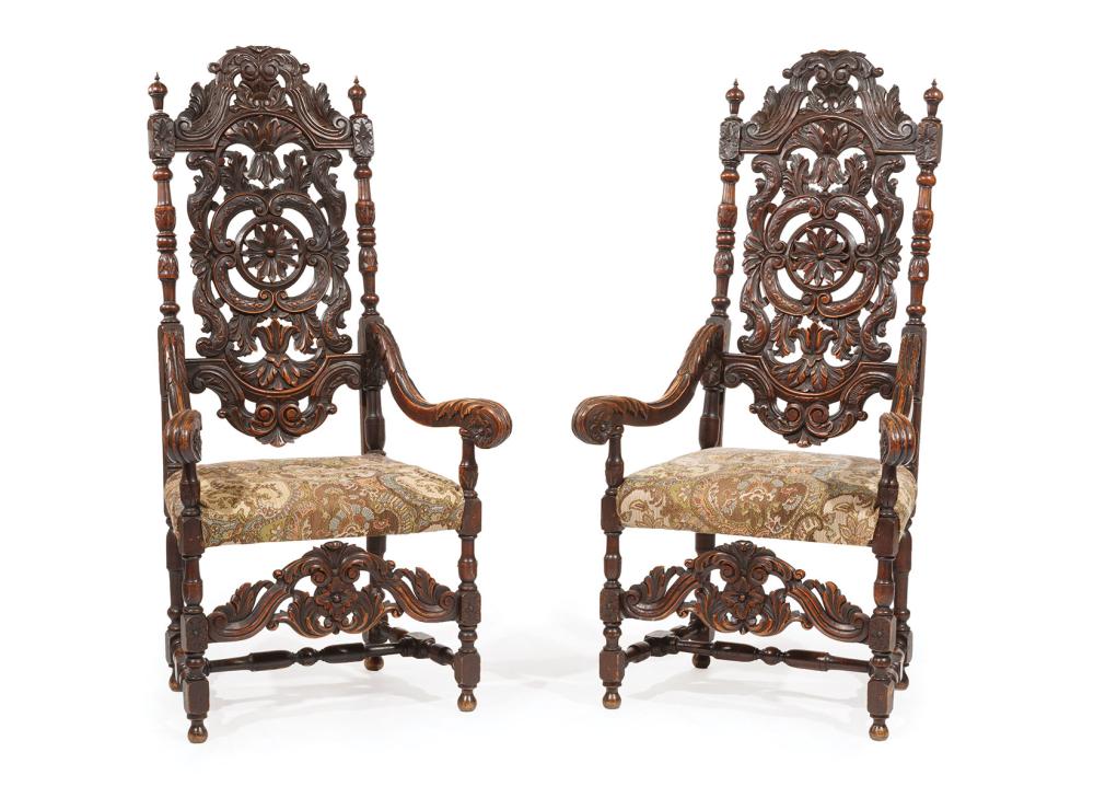 CARVED WALNUT ARMCHAIRSPair of