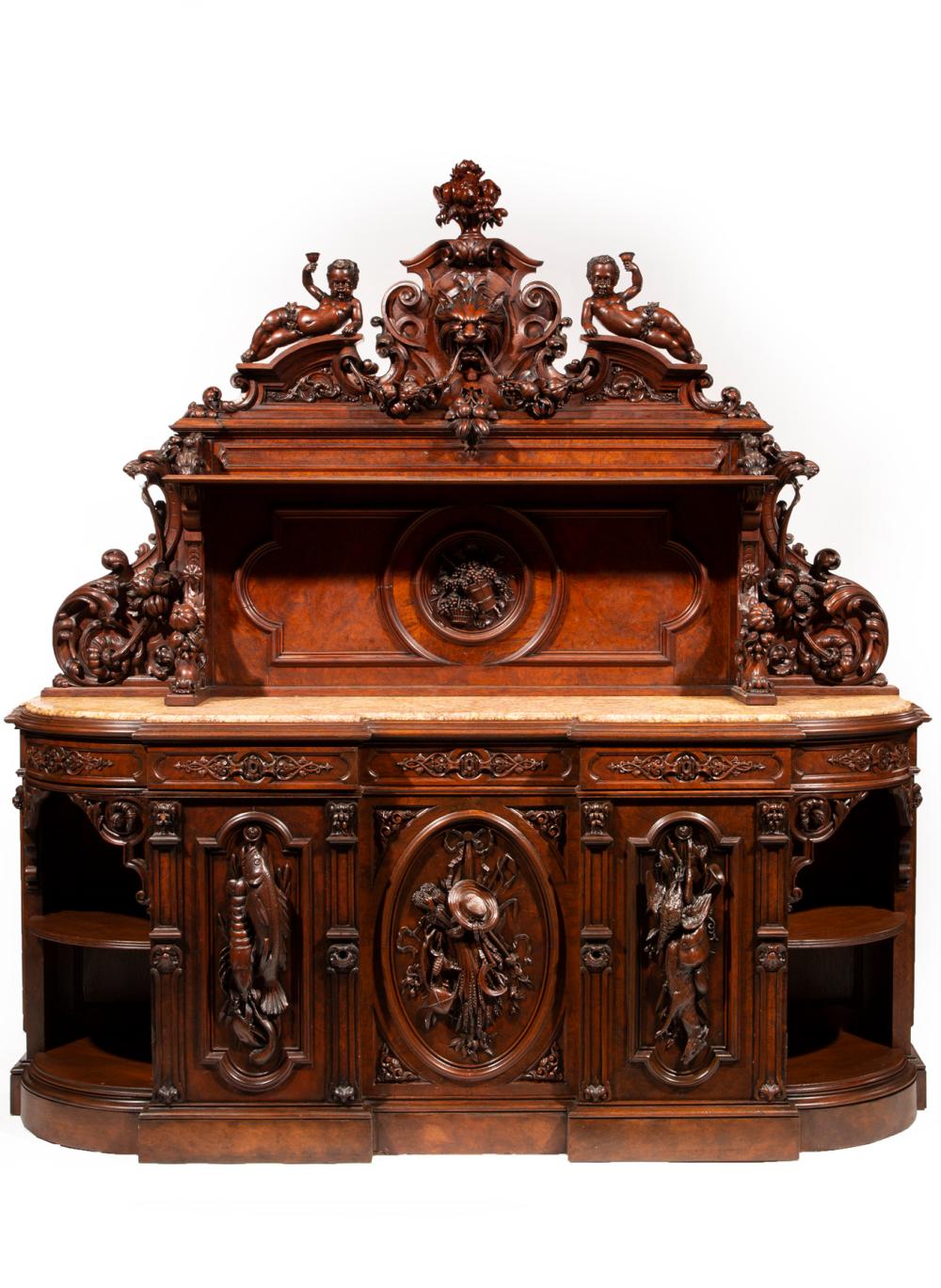 CARVED WALNUT, BURL SIDEBOARD,