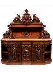 CARVED WALNUT, BURL SIDEBOARD,