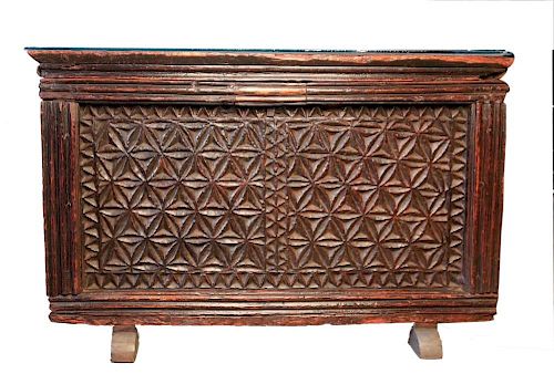 CARVED WALNUT COFFER, C. 16THC.With