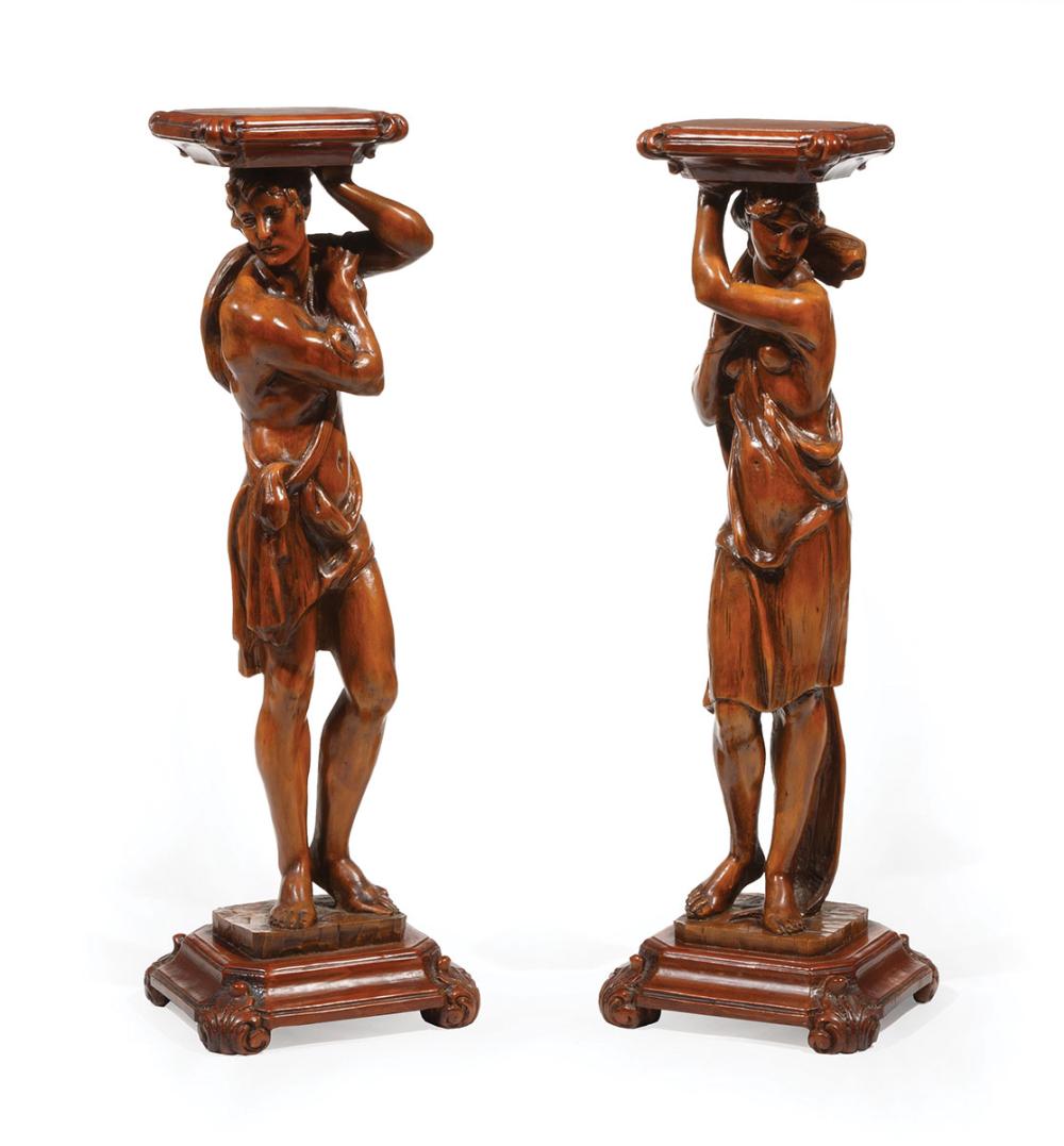CARVED WALNUT FIGURAL PEDESTALSPair