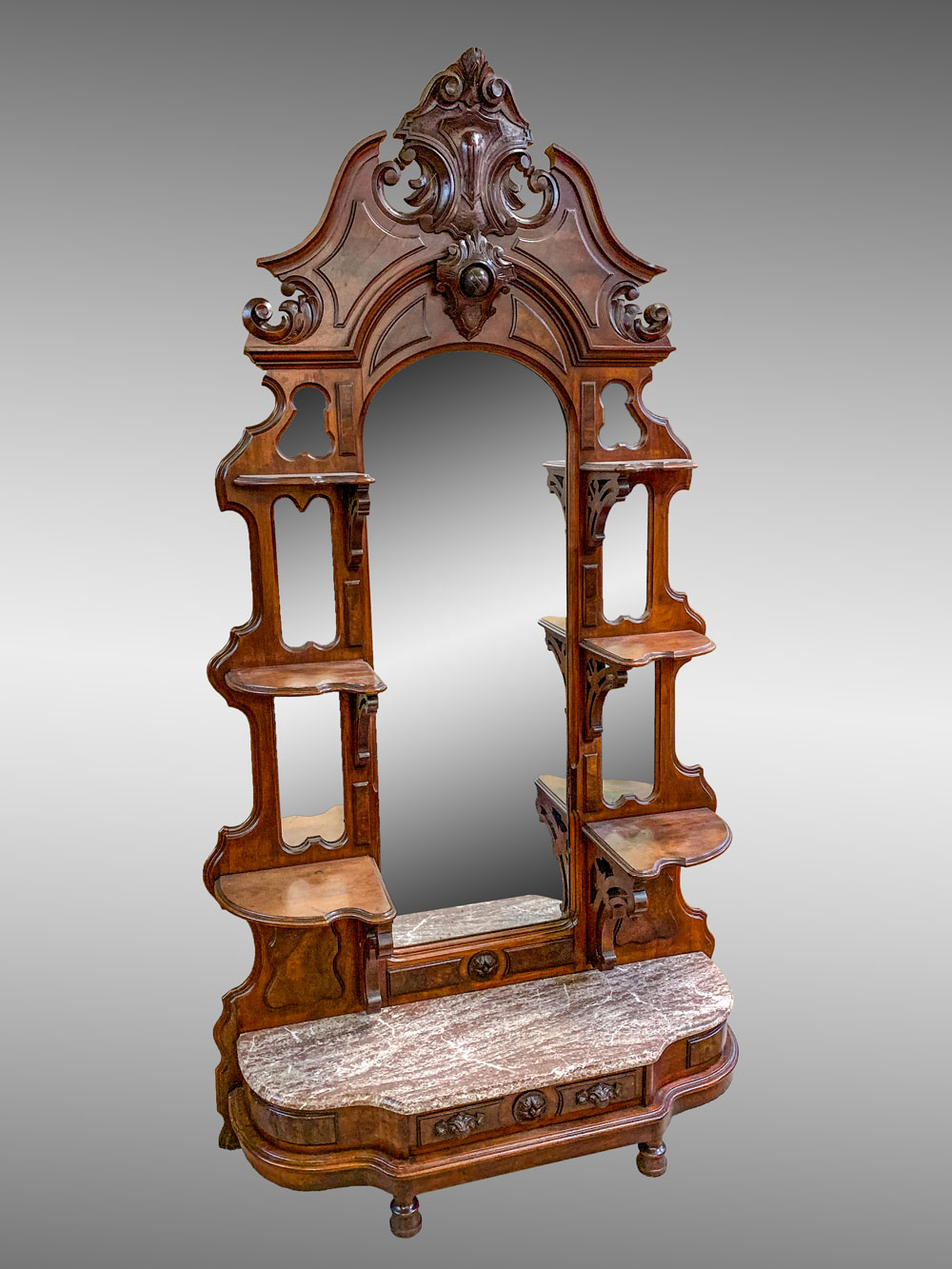 CARVED WALNUT MULTI-TIER ETAGERE