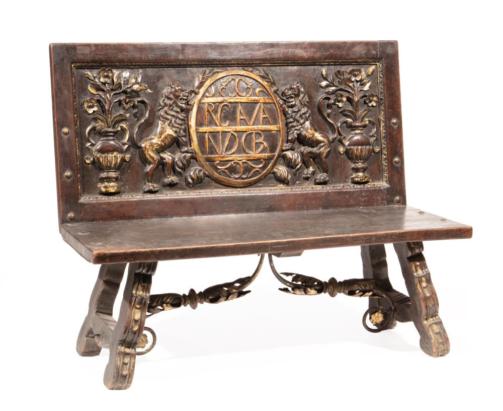 CARVED WALNUT, PARCEL GILT AND IRON