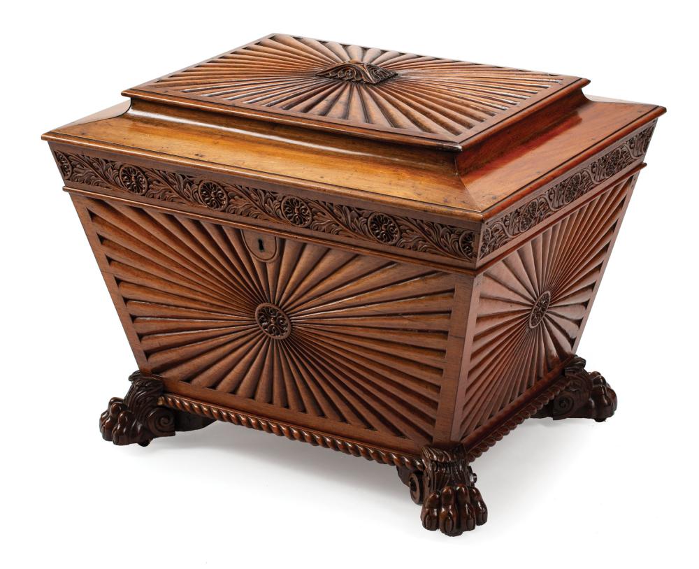 CARVED WALNUT SARCOPHAGUS-FORM