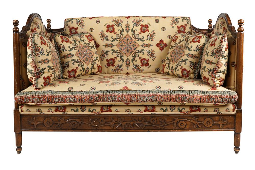 CARVED WALNUT SOFAsix throw pillows