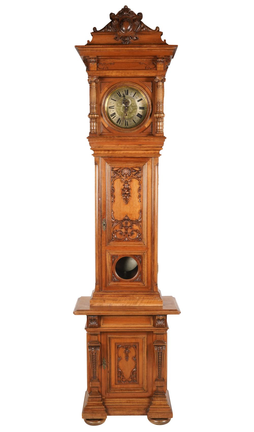 CARVED WALNUT TALL CASE CLOCKCarved