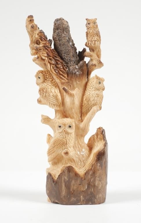 CARVED WALRUS TUSK OWLS ON TREE,