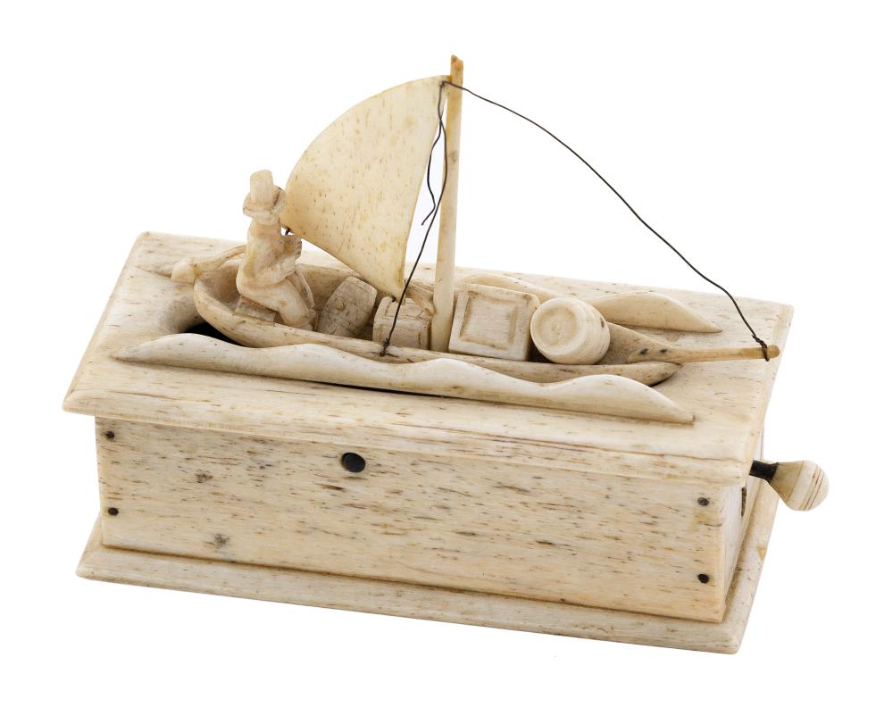 CARVED WHALEBONE ROCKING SAILBOAT