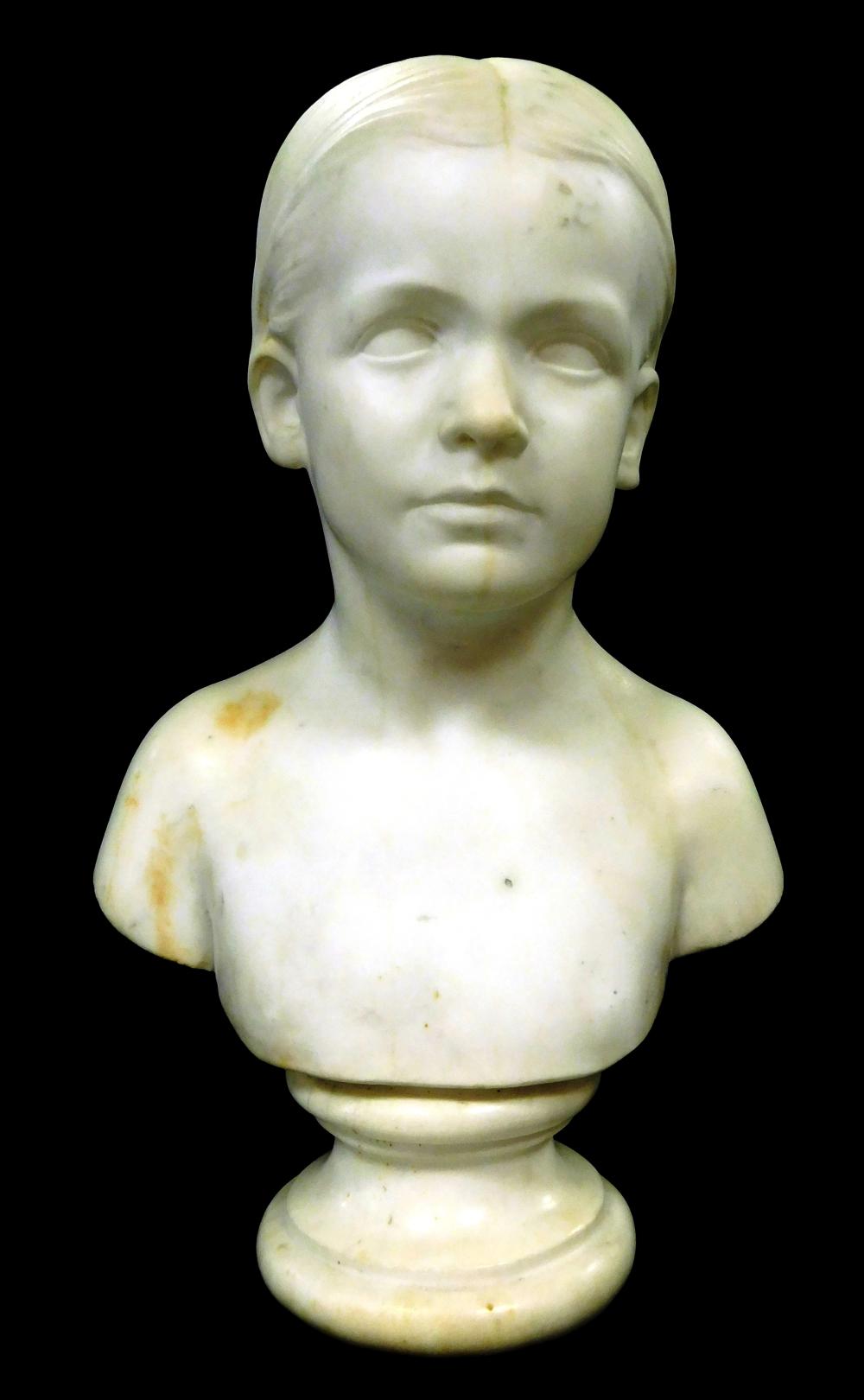 CARVED WHITE MARBLE BUST OF YOUNG