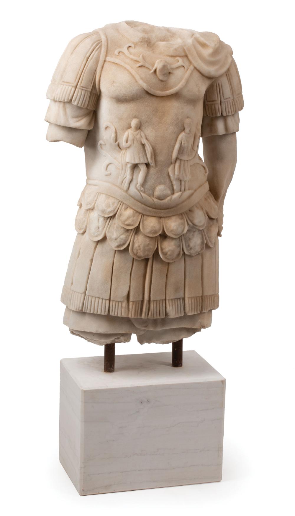 CARVED WHITE MARBLE TORSO OF A