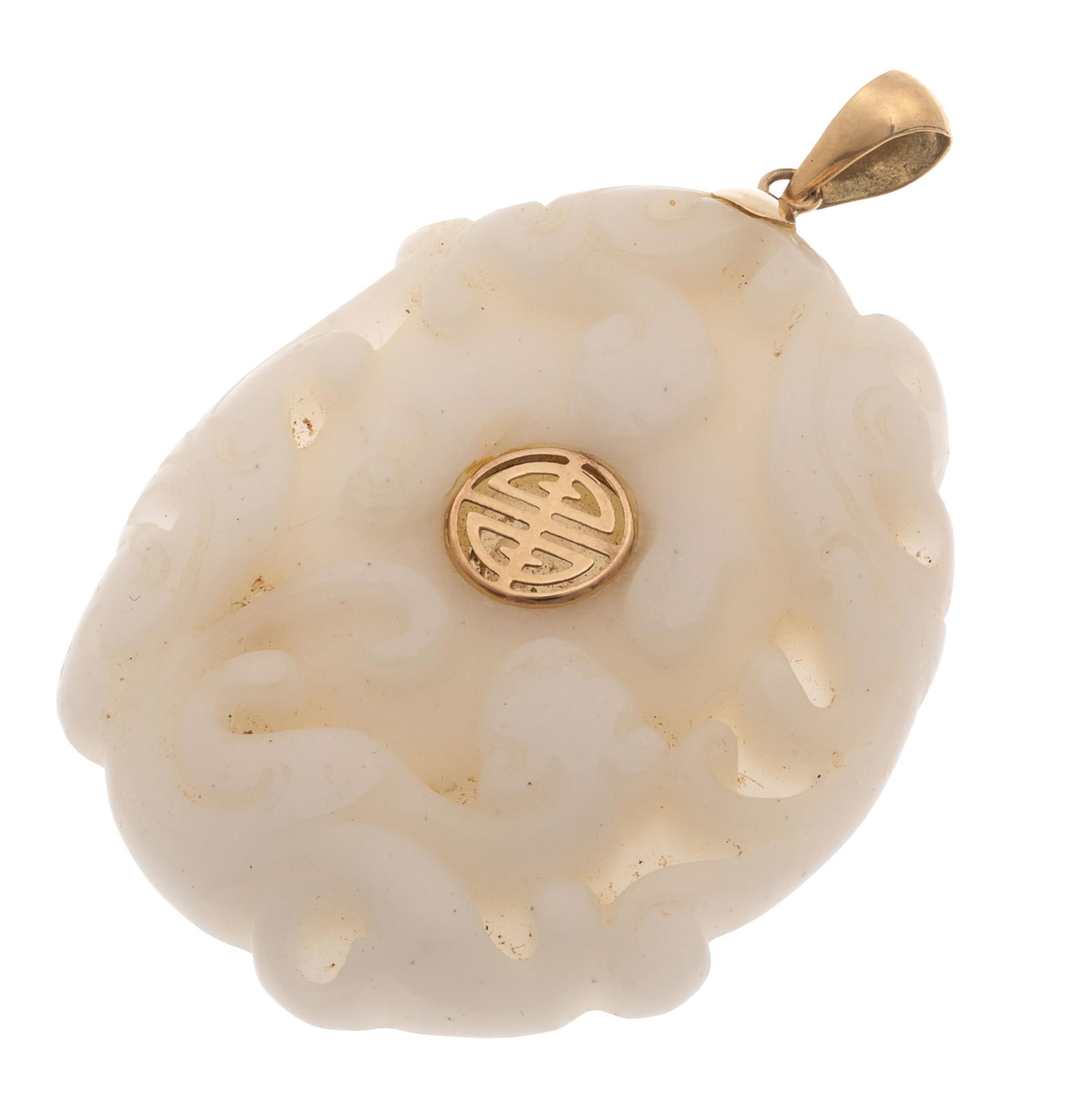 CARVED WHITE NEPHRITE JADE, 14K