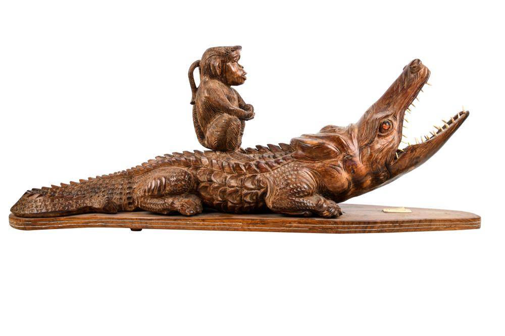 CARVED WOOD ALLIGATOR & MONKEY