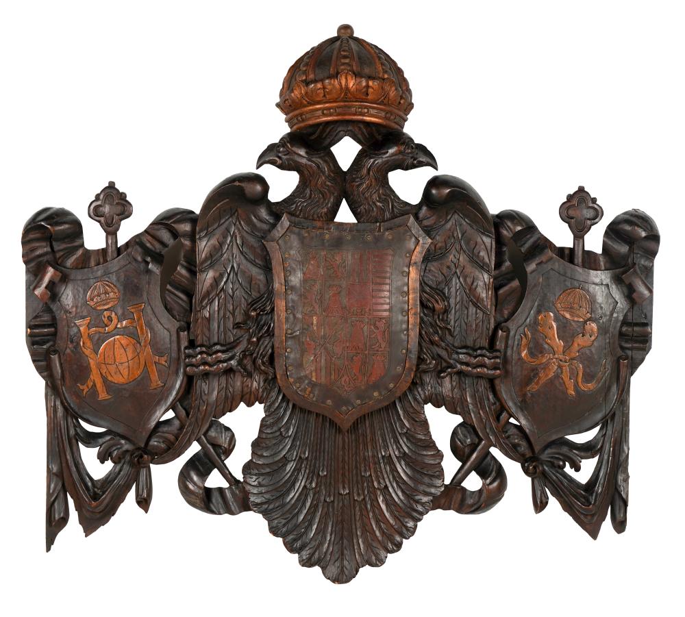 CARVED WOOD AND PAINTED LEATHER