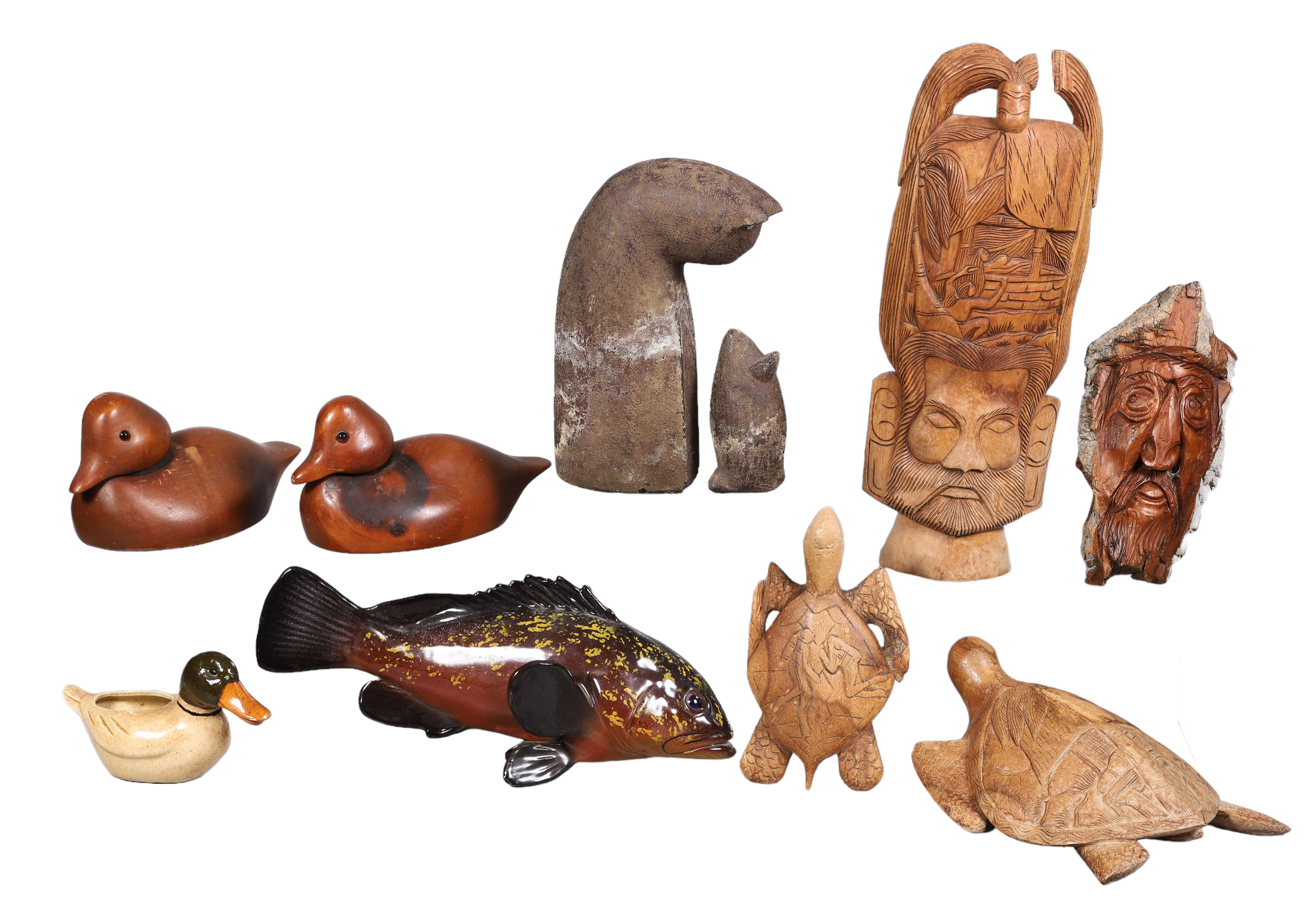 Carved wood animals, figurines to
