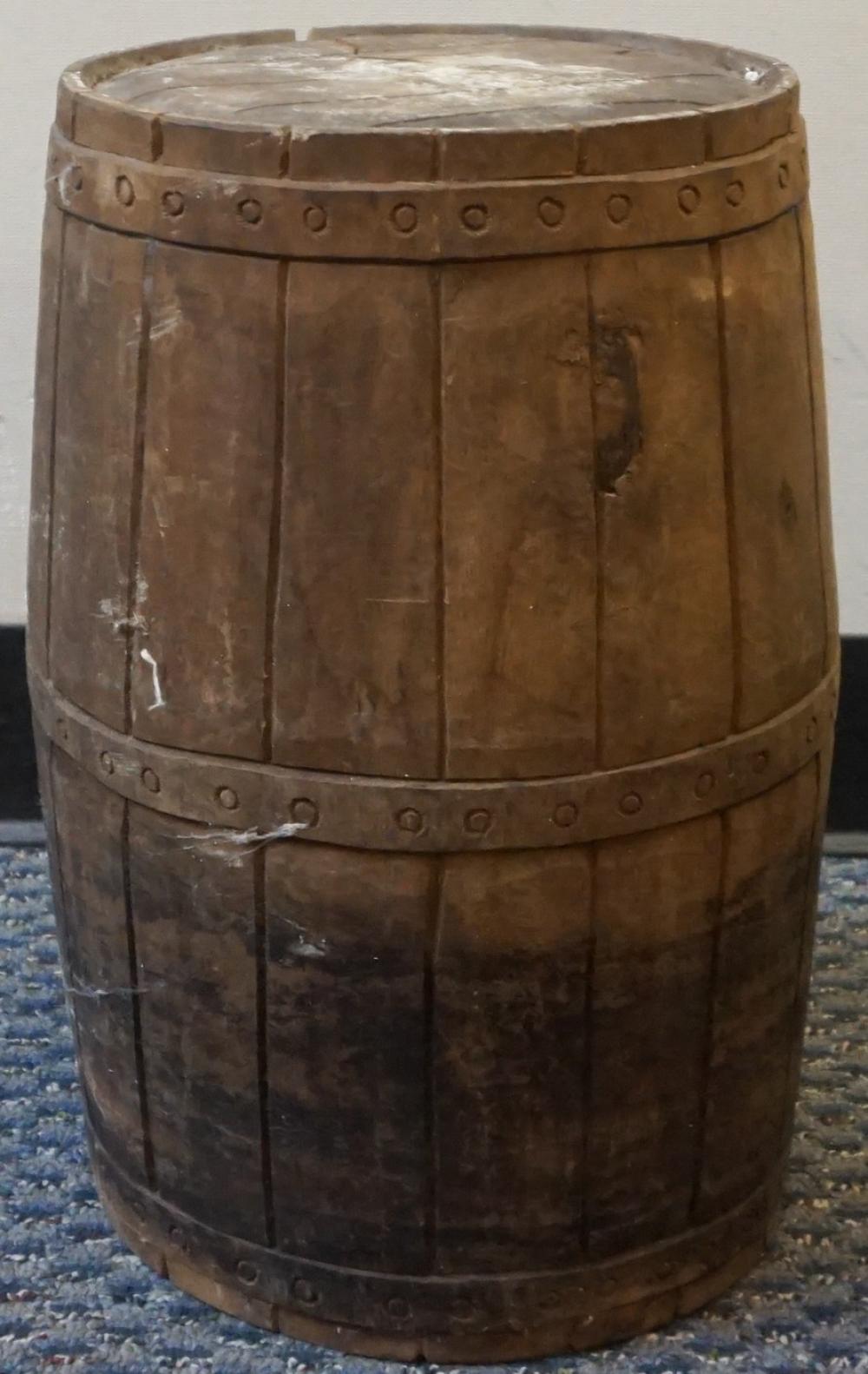CARVED WOOD BARREL-FORM STAND, H: