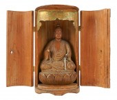 CARVED WOOD BUDDHA FIGUREsigne