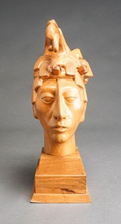 CARVED WOOD BUST OF MAYAN KING
