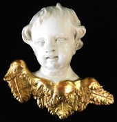 CARVED WOOD CHERUB HEAD AND WI