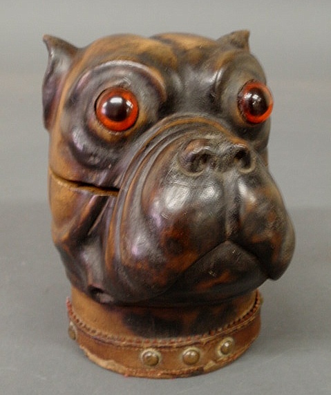 Carved wood English bulldog inkwell