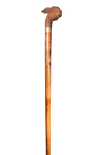 CARVED WOOD HARE CANE, 19TH
