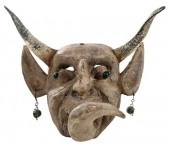 CARVED WOOD HORNED DEVIL MASKp