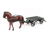 CARVED WOOD HORSE AND WAGON<br