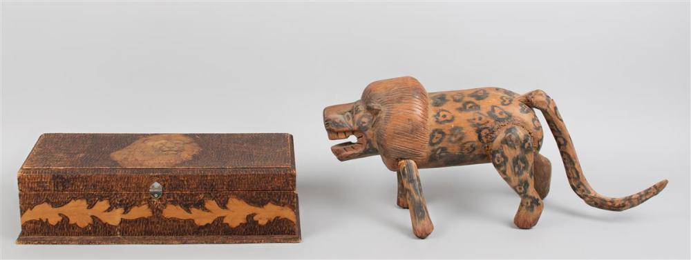 CARVED WOOD LION AND PYROGRAPHY