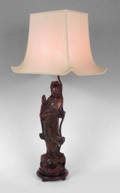 CARVED WOOD QUAN YIN LAMP: Car