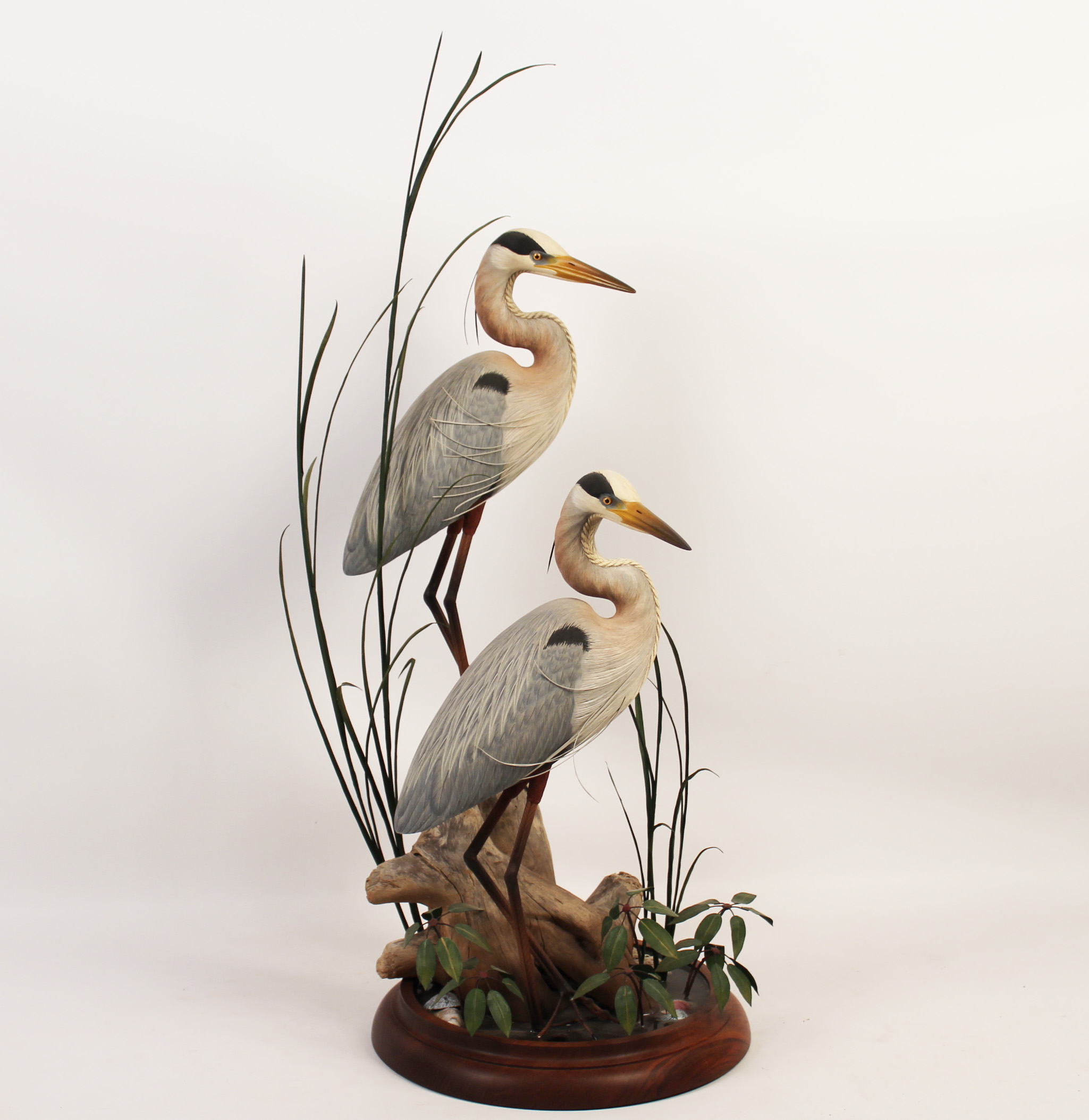 CARVED WOOD SCULPTURE OF HERONS
