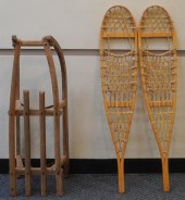 CARVED WOOD SLED AND PAIR SNOW