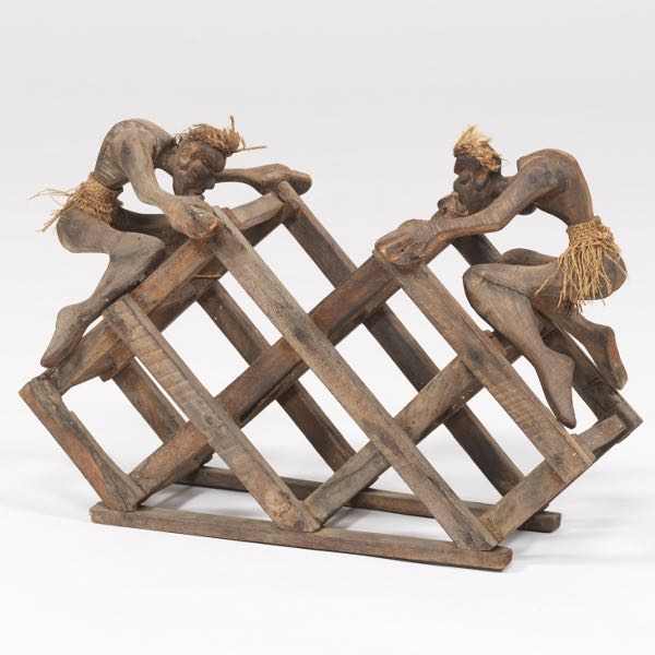 CARVED WOOD TRIBAL WINE RACK 14 ½"H