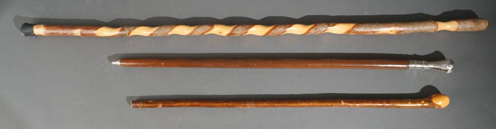 CARVED WOOD WALKING STICK AND TWO