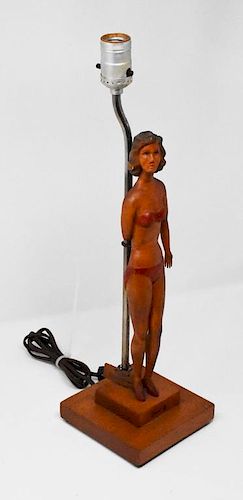 CARVED WOODEN LAMP OF A WOMANCarved