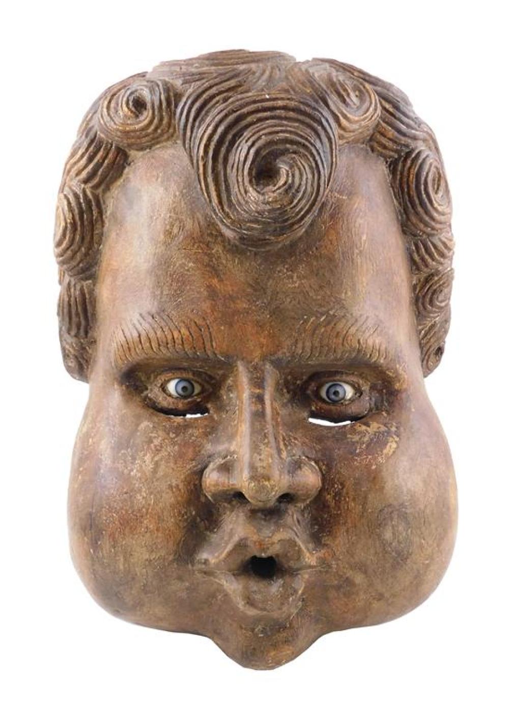 CARVED WOODEN MASK OF MAN WITH BLUE
