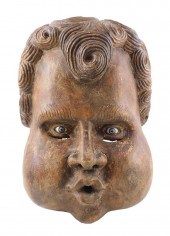 CARVED WOODEN MASK OF MAN WITH