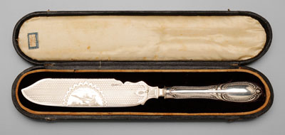 Cased coin silver cake knife,