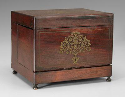 Cased decanter set: brass-inlaid