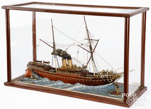 CASED WOODEN SHIP MODEL, EARLY TO