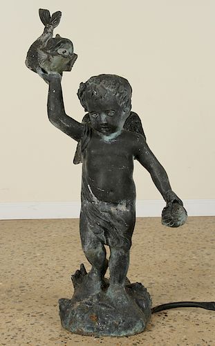 CAST ALUMINUM PUTTO WITH DOLPHIN