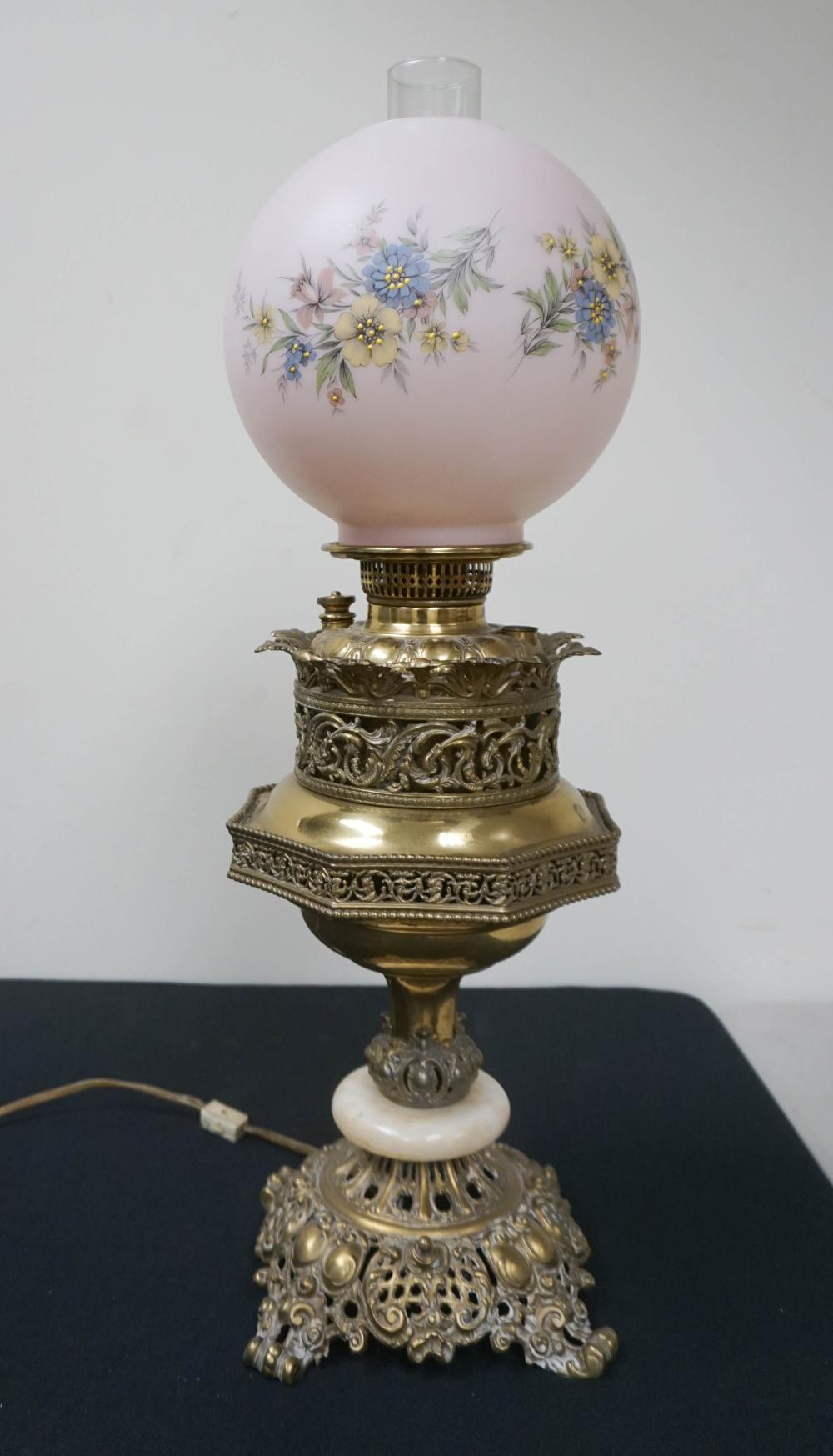 CAST BRASS AND ONYX OIL LAMP,