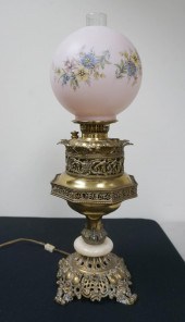 CAST BRASS AND ONYX OIL LAMP,