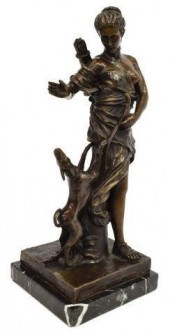 CAST BRONZE HUNTRESS & HER HOU