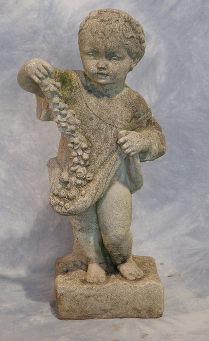 Cast concrete garden cherub holding