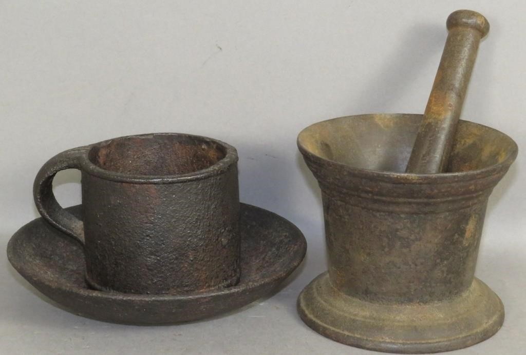 CAST IRON CUP & SAUCER & MORTAR &