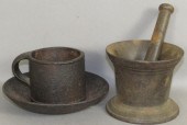 CAST IRON CUP & SAUCER & MORTA