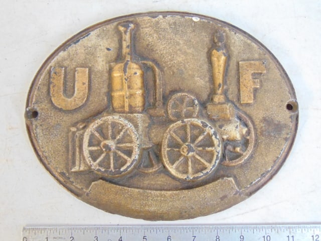 CAST IRON FIREMARKER, "U.F." & FIRE